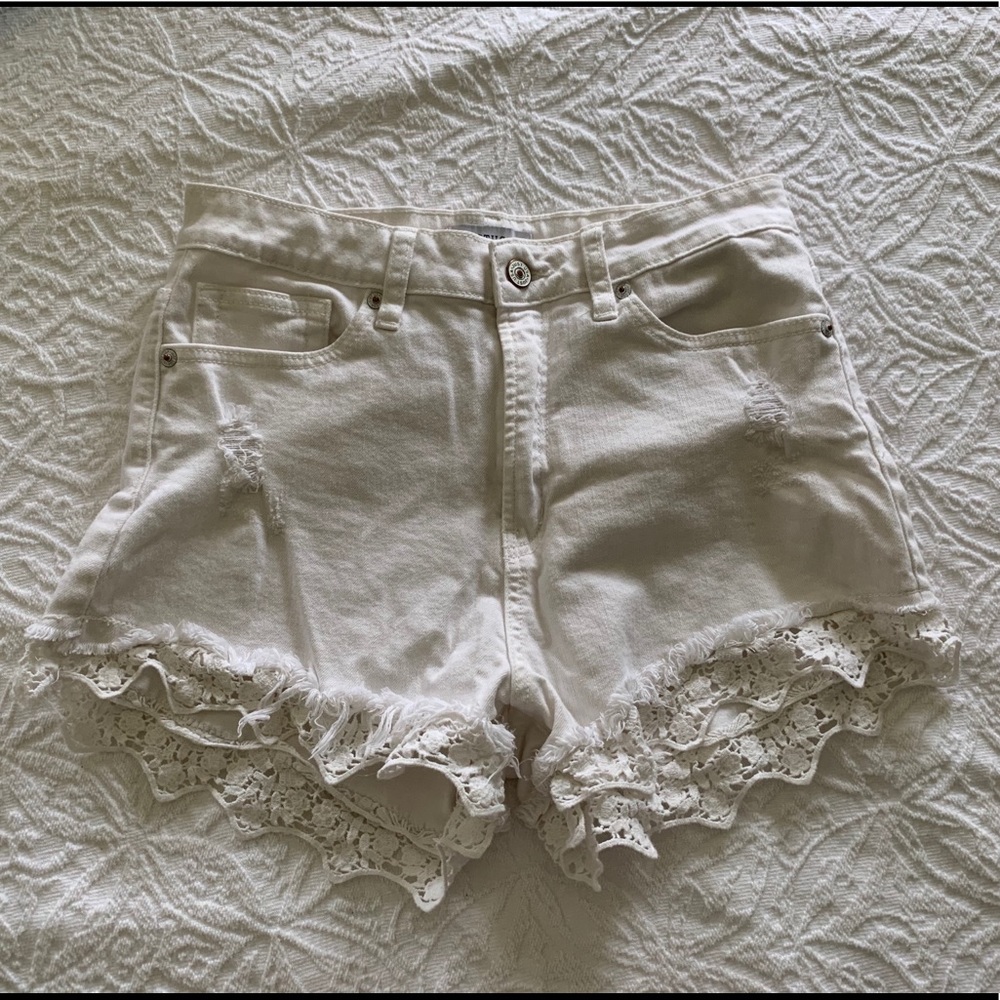 White High Waisted Crochet Distressed Jean Short